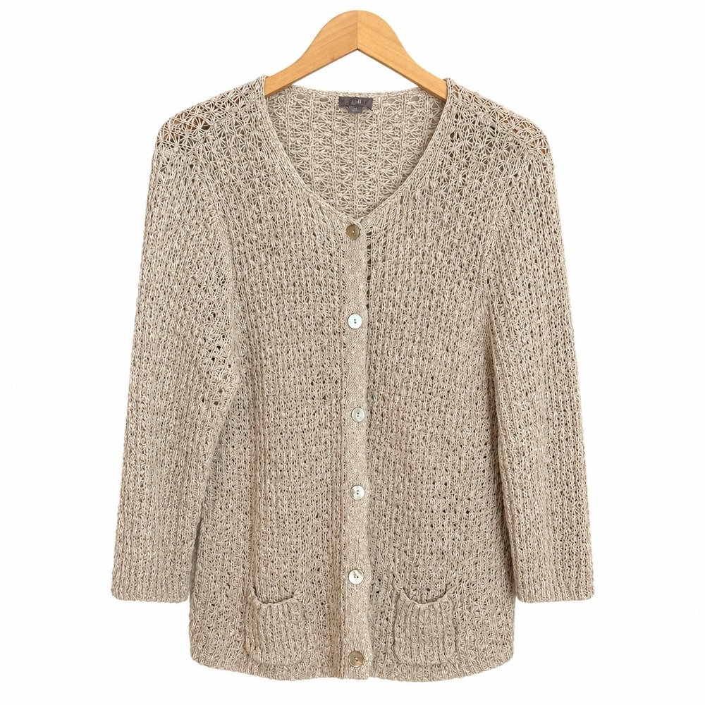 J. Jill Open Knit Button Front Cardigan Womens XL Beige Cotton Linen Minimalist